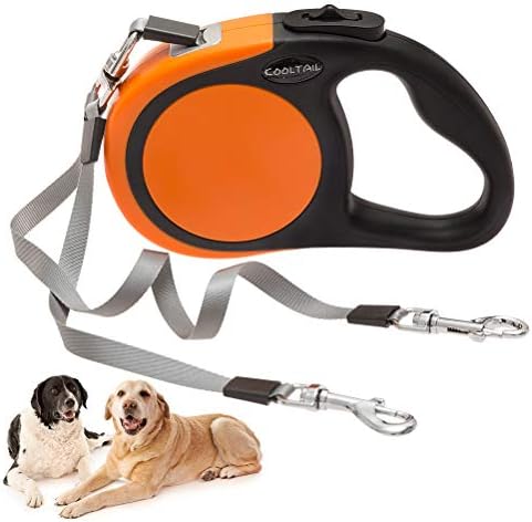 KOOLTAIL Dual Retractable Dog Leash for Two Dogs Up to 110 Lbs, Heavy Duty Double Headed 16 ft Extendable 360° Tangle-Free One Button&Lock Brake Dog Leash for Small Medium Large Dogs PuppyOrange