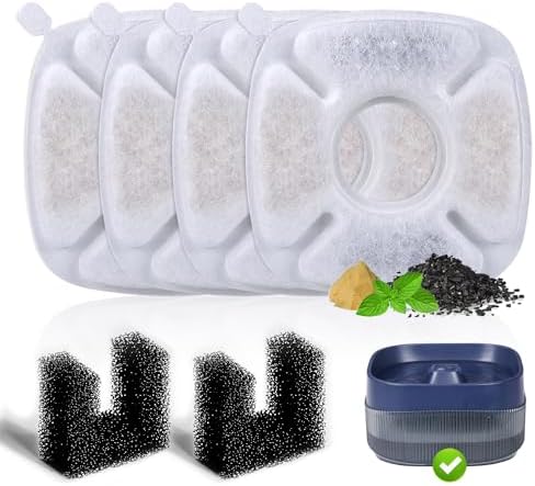 4 Pack Replacement Filters for 135oz/4L Dog Water Bowl Dispenser, BFLICROY Dog Water Filter Pet Water Fountain Replacement Filters, Cat Fountain Filter and 2Pack Pre-Filter Sponges