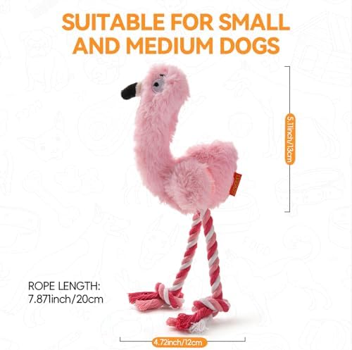 AUSCAT Plush Dog Rope Toy, Durable Squeaky Dog Toys for Puppy Small Medium Dogs, Not for Aggressive Chewers, Flamingo