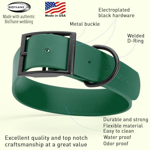 Dogline Biothane Waterproof Dog Collar Strong Coated Nylon Webbing with Black Hardware Odor- Proof for Easy Care Easy to Clean High Performance Fits Small Medium or Large Dogs, Hunter Green