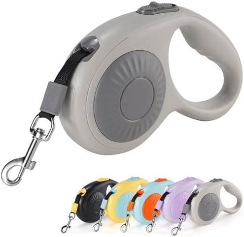 JSXD 360° Tangle-Free Retractable Dog Leash with One-Handed Brake, Pause, Lock, 10 ft Strong Nylon Tape Pet Walking Leash,Suitable for Cats, Small and Medium Dogs up to 66 lbs (Grey, 10 ft)