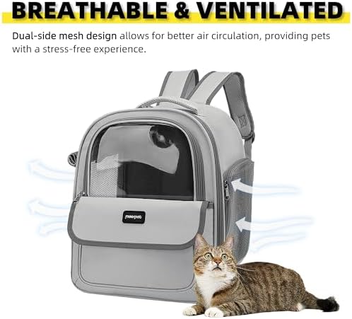 Cat Backpack Carrier for Travel & Hiking - Large Space, Durable & Breathable Pet Carrier for Cats & Small Dogs - Anti-Scratch, Escape-Proof Design (Grey, Large)