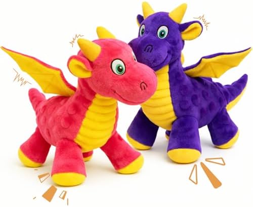Squeaky Dog Toys - 2 Pack Plush Dragon Dog Toys with 5 Squeakers, Crinkle Wings & Ears, Soft Cute Dog Toys for Boredom, Small Medium Dogs and Gentle Large Dogs (Pink & Purple,10")