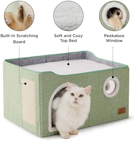 Bedsure Extra Wide Cat House Bed with Fluffy Ball and Scratch Pad,Green
