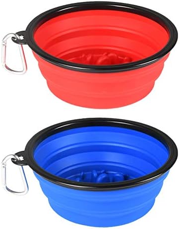 Collapsible Dog Bowls, Large Portable Travel Dog Bowls, 34oz Foldable Dogs Water Food Slow Feeder Bowl, Collapse Feeding Dish for Walking, Traveling, Hiking, Camping (2 Pack)