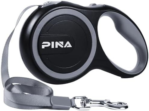 PINA Retractable Dog Leash, 16ft Dog Leash for Small Medium Dogs Up to 44lbs, 360° Tangle-Free Strong Reflective Nylon Tape, with Anti-Slip Handle, One-Handed Brake, Lock - Black Gray