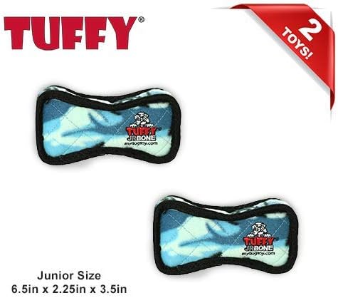 TUFFY - World's Tuffest Soft Dog Toy - Junior Bone -Squeakers -Multiple Layers. Made Durable, Strong & Tough.Interactive Play(Tug, Toss & Fetch). Machine Washable & Floats (Camo Blue, Bone2 2 Pack)