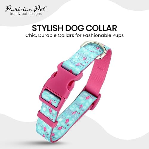 Parisian Pet Flamingo Dog Collar - Adjustable Light Blue and Pink Girl Pet Collar with Secure Buckle and Metal D-Ring - Comfortable Designer Puppy Collars - Durable Nylon Dog Collars for Small Dogs