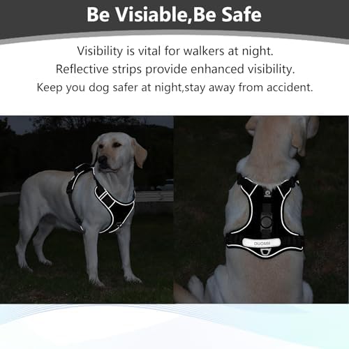 Upgraded Dog Harness with AirTag Holder, Escape Proof Adjustable Vest for Puppy Outdoor Walking, Soft Breathable Jacket with Reflective Strips for Dark Night (Black, M)