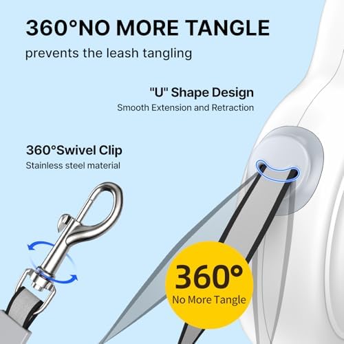 16Ft Retractable Dog Leash with Chew-Proof Steel Cable, 360° Tangle-Free, Built-in Poop Bag Dispenser, Ergonomic Comfort Grip Handle for Medium Large Dogs Up to 130lbs