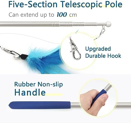 SONGWAY Cat Feather Toys Wand - 7 Pcs Interactive Cat Toys for Indoor Cat Kitten, Retractable Cat Wand Toy with 6 Feather Teaser Refills with Bell, Cat Fishing Pole Toy, Blue