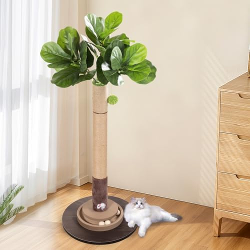 Cat Scratching Post, 35 Inch Tall Cat Scratcher Cat Tree Tower with Hanging Ball for Indoor Cats Adults,Fiddle Leaf Fig Sisal Rope Kitten Scratch with Interactive Mouse Cat Toy