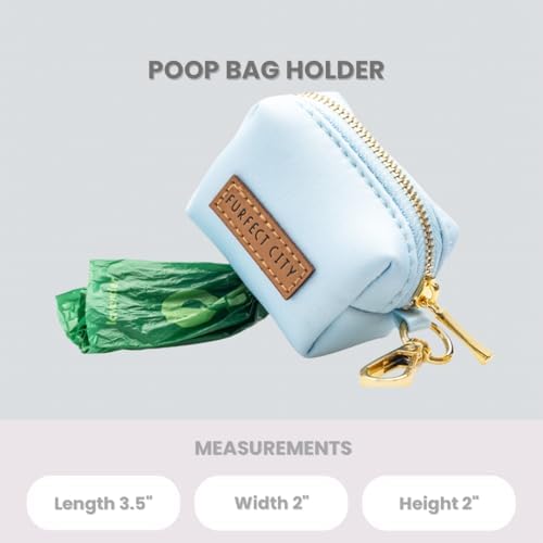 Dog Poop Bag Holder with Leash attachment, Waste litter bag container, Lead accessories, Metal hook hands free holder, Zipper pouch stylish gold hardware (Blue)