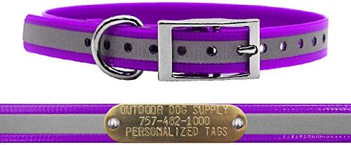Reflective Waterproof D-Ring Dog Collar w Custom Name Tag, Purple