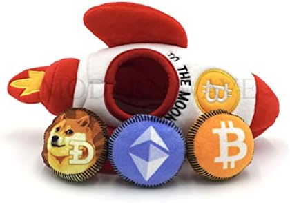 MODERN WAVE - Squeaky Plush Dog Toy Bitcoin Crypto - Interactive Hide and Seek Squirrel Type Puzzle Toy for Dogs, Small - Medium Size (Rocket and Coins)