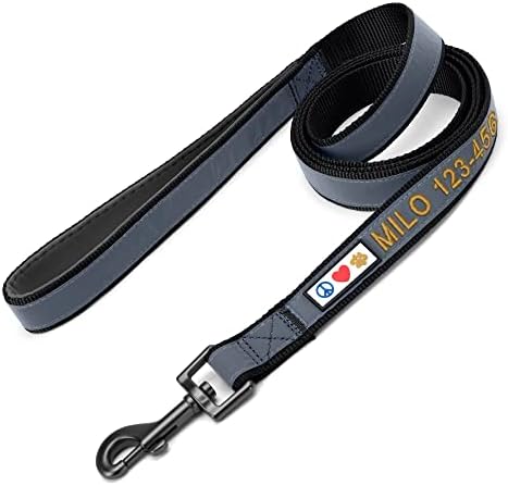 Pawtitas Personalized Black Dog Leash 6 ft Custom ID Lead for Dogs & Puppies Reflective Comfortable Padded Handle Embroidered Name & Phone Number