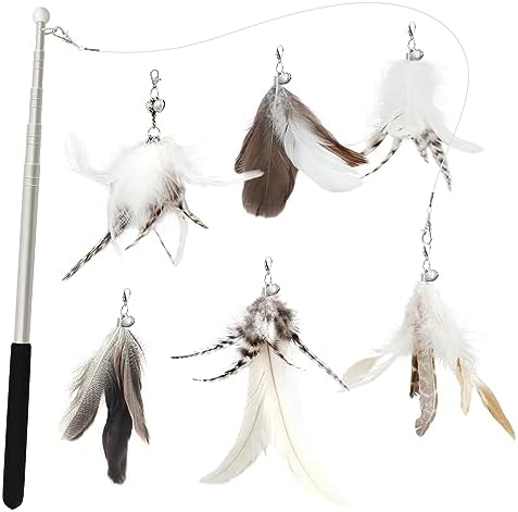 SONGWAY Cat Feather Wand - 7 Pcs Interactive Toys for Indoor Kitten, Retractable Wand With 6 Natural Feather Refills and Bell, Fishing Pole Toy
