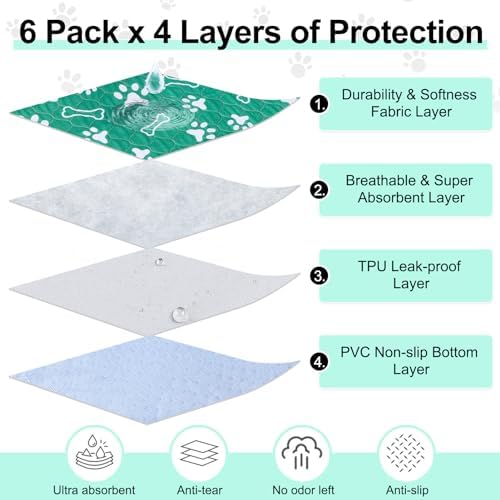 BEAUTYZOO 6 Pack Washable Pee Pads for Dogs,Reusable Puppy Pads 16x24 Green