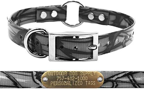 Waterproof D & Center Ring Dog Collar w Custom Name Tag 3/4x15, Gray Camo