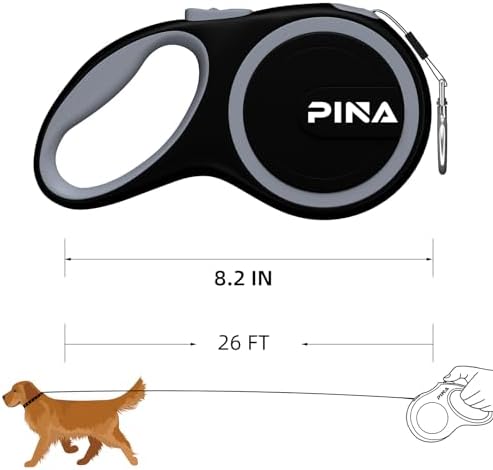 PINA Retractable Dog Leash, 26ft Dog Leash for Small Medium Large Dogs Up to 110lbs, 360° Tangle-Free Strong Reflective Nylon Tape, with Anti-Slip Handle, One-Handed Brake, Lock - Black Gray
