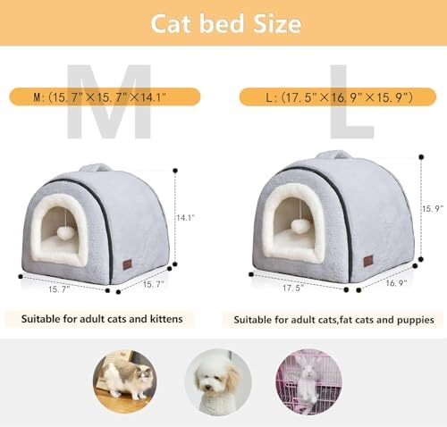 Cat Bed for Indoor Cats，Foldable cat cave，Anti-Slip & Water-Resistant Bottom，cat Houses for Indoor Cats or Small Dogs, Kitten Tent, Rabbit Bed，2 in 1 pet Bed (Grey)