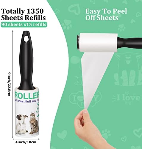 1350 Sheets Lint Rollers for Pet Hair Extra Sticky Remover for Pet Hair, Couch, Clothing, Furniture, Carpet and More, 5 Handles 15 Rolls of Lint Roller Refill, 90 Sheets Per Roller