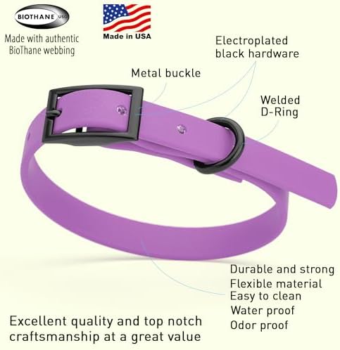 Dogline Biothane Waterproof Dog Collar Strong Coated Nylon Webbing with Black Hardware Odor- Proof for Easy Care Easy to Clean High Performance Fits Small Medium or Large Dogs, Amethyst Purple