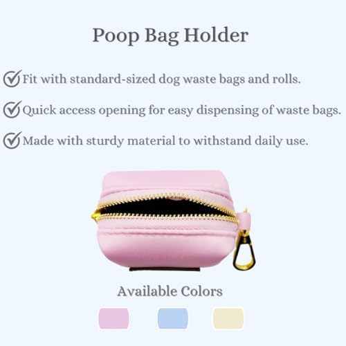 Dog Poop Bag Holder with Leash attachment, Waste litter bag container, Lead accessories, Metal hook hands free holder, Zipper pouch stylish gold hardware (Pink)