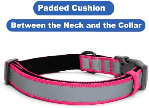 Pawtitas Personalized Reflective Padded Dog Collar with Name Phone Number - Adjustable Customized Pink Large Dog Collar