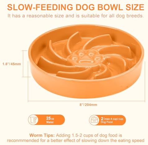 Ceramic Slow Feeder Dog Bowl, 3 Cup Dog Food or 25oz Water, Slow Eating Bowl for Middle Breed, Maze Puzzle Feeder for Fast Eaters, Anti-Choking Stop Bloat, Non-Slip BPA Free (Orange)