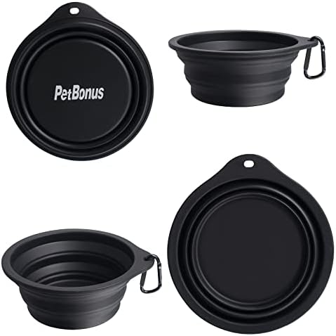 PetBonus 2-Pack Silicone Collapsible Dog Bowls, BPA Free Dishwasher Safe, Portable Foldable Expandable Travel Bowl, Food Water Feeding Cup Dish for Dogs Cats with 2 Carabiners (Black, Black)
