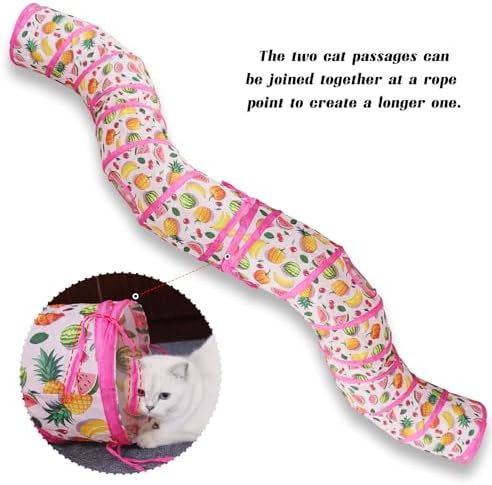 Andiker Cat Tunnel for Indoor Cats, 45" Long Rainbow Collapsible Kitten Tube with a Fun Ball and 2 Holes Cat Play Tunnel, Rabbit Tunnel for Kittens Exercising Hiding Training and Running (S Pink)