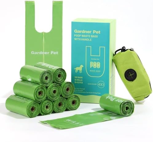 Dog Poop Bags with Handles 10 Rolls, 120 Counts Pine Scented Dog Waste Bags with Dispenser, Leak Proof and Extra Thick, Easy-Tie Pet Poop Bags with Holder for Dogs, Puppies, Cats, Kitten
