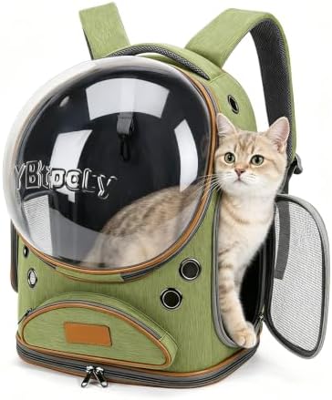 Cat Backpack Carrier, Breathable Cat Carrier Large Space Bubble Pet Backpack for Small Dog and Large cat up to 18lbs, Transparent & Foldable Pet Carrier for Travel Hiking (Green)