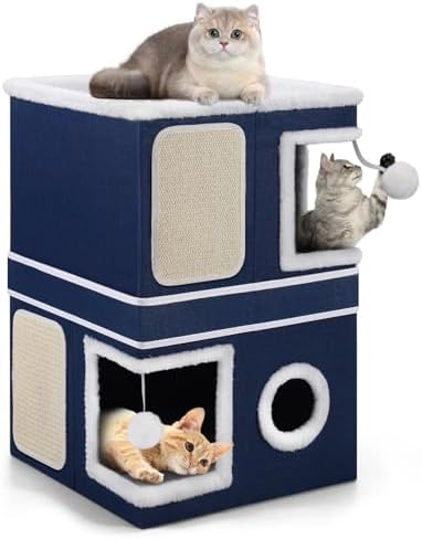 Shikha 2 Story Cat House beds for Indoor Cats with Scratch Pads Blue