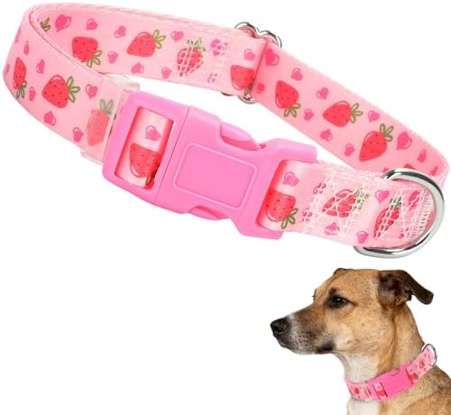 Strawberry Dog Collar for Medium Dogs，Nylon Adjustable Dog Collar-Pink M