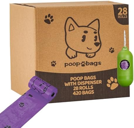 Dog Poop Bags Rolls With Dispenser, Strong and Leak-proof Waste Bags for Pets, Floral Scented, 420 Count (28 Packs of 15), 13 Inch x 9 Inch (Purple)