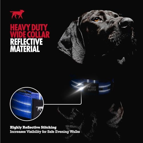 Tuff Pupper Heavy Duty Tactical Dog Collar | 1.5" Wide Ballistic Nylon | Reflective Stitching | Integrated ID Tag Holder | Stainless Steel Buckle | Padded Lining | Medium & Large Dogs (Blue, Medium)