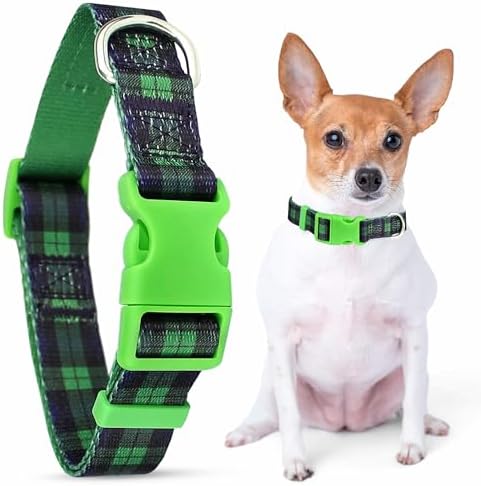Parisian Pet Plaid Dog Collar - Adjustable Scottish Green Pet Collar with Secure Buckle and Metal D-Ring - Comfortable Designer Puppy Collars - Durable Nylon Checkered Dog Collars for Medium Dogs