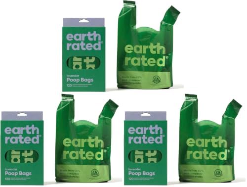 Earth Rated Dog Poop Bags with Handles, Extra Wide, Easy Tie and Guaranteed Leakproof, Lavender Scented, 120 Handle Bags (Pack of 3)