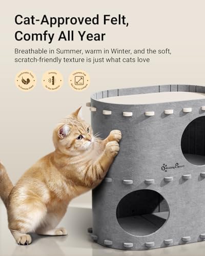DownyPaws Cat House for Indoor Cats, 2-Storey Cat Bed Cave, Light Gray