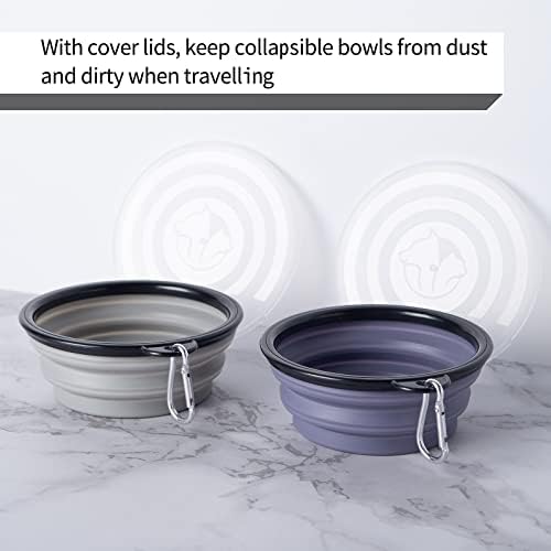 SLSON Dog Bowls Pet Collapsible Bowl with Cover Lids,2 Pack Dog Travel Bowls Portable Foldable Cat Water Dish Bowl for Pets Walking Parking Camping (Taro Purple and Concrete Gray, Small)