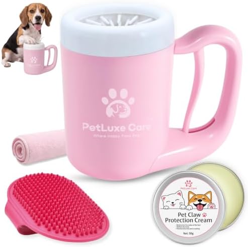 Dog Paw Cleaner, Paw Washer Cup with Soft Silicone Bristles, Portable Dog Foot Washer, 4-in-1 Paw Cleaner Kit with Paw Balm, Microfiber Towel & Grooming Brush (Pink Medium)