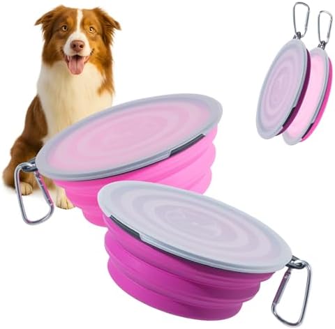 SLSON Dog Bowls Pet Collapsible Bowl with Cover Lids,2 Pack Dog Travel Bowls Portable Foldable Cat Water Dish Bowl for Pets Walking Parking Camping (Pink and Purple, Medium)