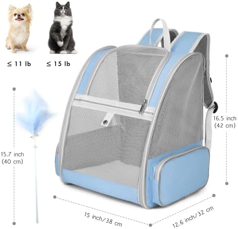 Cat Backpack Carrier, Large Pet Backpack with Kitten Wand Feather Toy for Medium Small Dog Cat Puppy Kitty Bunny up to 15lbs, Ventilated Mesh Dog Travel Carrier for Hiking Walking Outdoor Use (Blue)