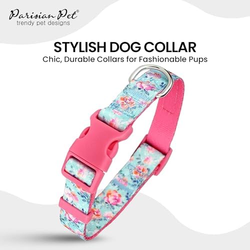 Parisian Pet Floral Dog Collar - Adjustable Spring Blossoms Girl Pet Collar with Secure Buckle and Metal D-Ring - Comfortable Designer Puppy Collars - Durable Nylon Dog Collars for Small Dogs