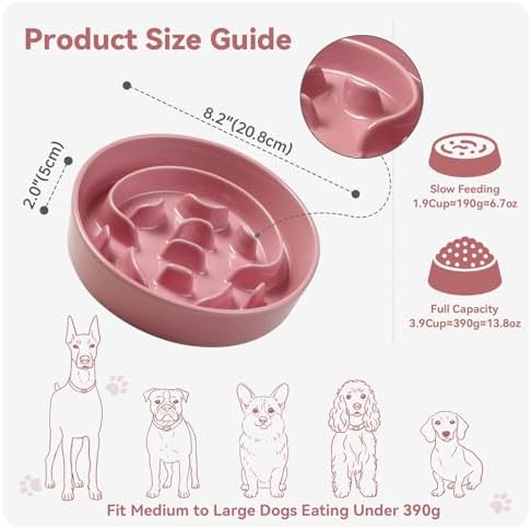 Ceramic Slow Feeder Dog Bowl, 1.8 Cups Anti -Slip Slow Feeding Bowl to Slow Down Eating, 8.2 Inch Dog Food Dish for Medium to Large Breeds, Pink