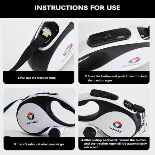 ILOMAX 360° Tangle-Free Retractable Dog Leash Built-in Waste Bag Dispenser Under Handle 2 Rolls Poop Bags Included Heavy Duty Tape Leash for Dogs up to 50kg Carry Pouch Included (White, XL)