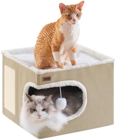 Garnpet Cat Bed for Indoor Cats Cube House, Covered Cat Cave Beds & Furniture with Scratch Pad and Hideaway Tent, Cute Modern Cat Condo for Multi Small Pet Large Kitten Kitty, Khaki