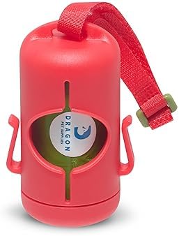DRAGON Waste Bags Durable Dispenser, Dog poop bags holder with Two Hooks on the side for Used Poop Bags, leash attachment strap and 15 Poop Bags (RED)